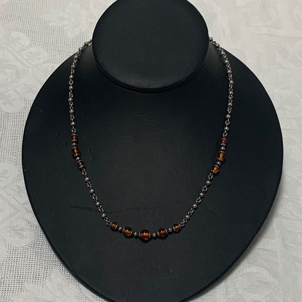 Amber Beads and Sterling Silver Panel Necklace